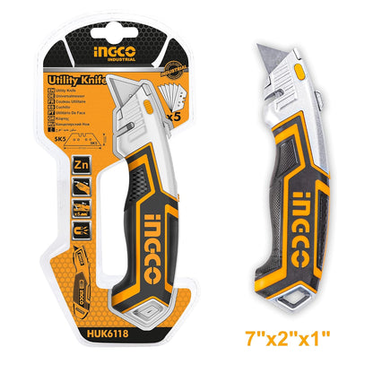 INGCO Box Cutter, Utility Knife, INGCO Pocket Knife retractable with 5 blades, Lock-Back Design, and Lightweight Aluminum Design