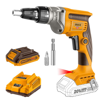 INGCO 20V Cordless Drywall Screwdriver 30Nm, Adjustable Depth, 4200RPM with 1Pcs 2.0Ah Battery and 1Pcs Charger, Packed by Carrying Case