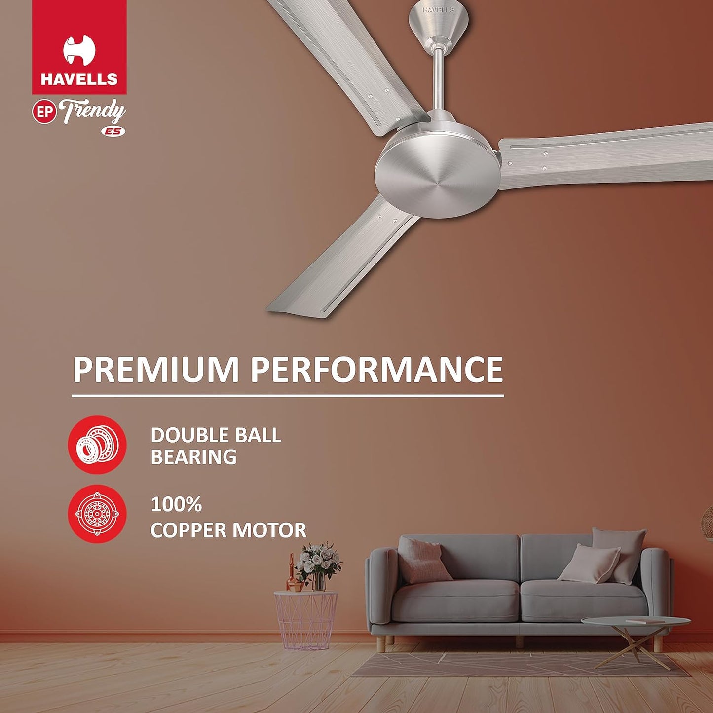 Havells 1200Mm Ep Trendy Energy Saving Ceiling Fan (Brushed Nickel, Pack Of 1), Brown, 1 Star