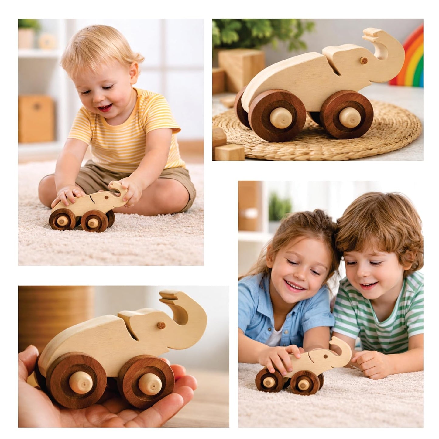 Udaipur HandiCrafts Wooden Elephant Pull-Along Toy for Toddlers (3–5 Years) | Natural Solid Wood | No Metal | Eco-Friendly & Plastic-Free | Smooth Rolling Wheels | Kids Room & Nursery Decor