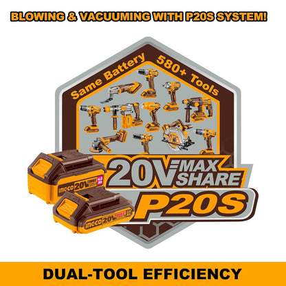 INGCO 20V Cordless Vacuum Cleaner and Blower Combo, 0.5L Dust Cup, 9kPa Suction, 18000RPM Blower, 2.7m³/min Airflow, Includes 2.0Ah Battery & Charger, Crevice Nozzle & Dust Brush for Home Car Cleaning