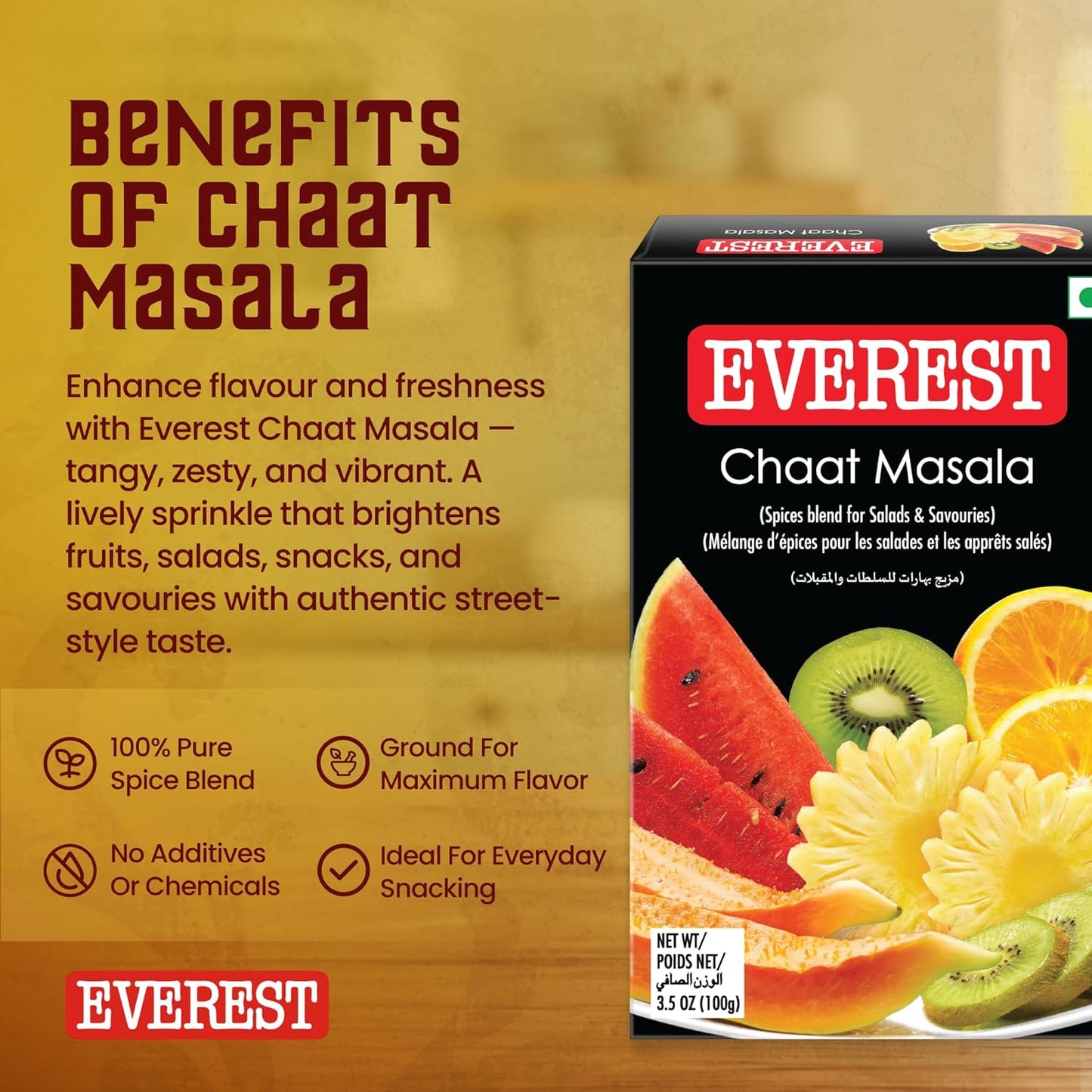 Everest Chaat Masala – 100g | Tangy & Flavourful Chaat/Chat Masala Powder for Snacks, Fruits, Salads & Street-Style Dishes