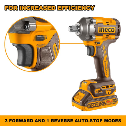 Ingco CIWLI2035 20V Cordless Brushless Impact Wrench | 1/2" Square Drive, 350Nm Torque, LED Work Light | with 2 Batteries & Charger, Carrying Case, 19/21mm Sockets