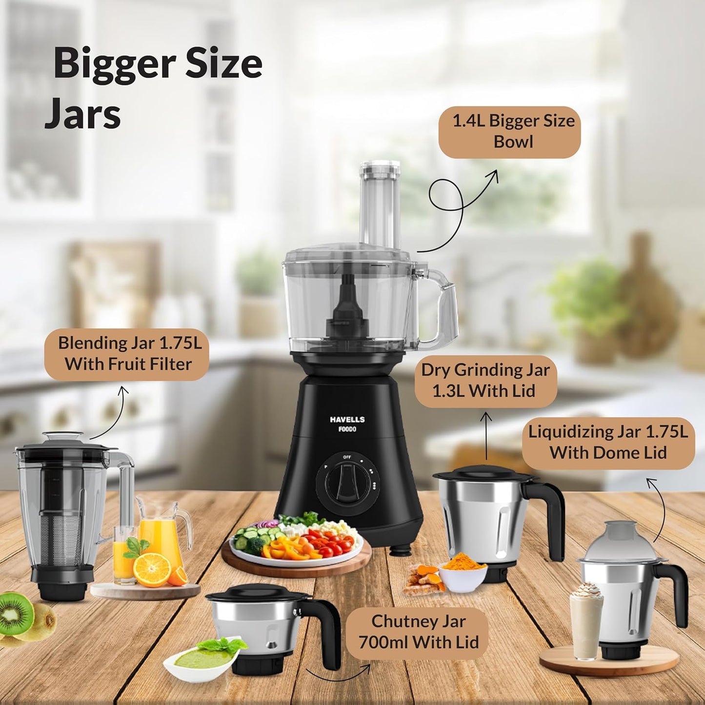 Havells Foodo 750 Watt Mixer Grinder with 5 Jars | Includes Food Processor Jar with Dual Pusher | 14-in-1 Functionality | Rust-Resistant 304 SS Blades | Storage Box | 5-Year Motor Warranty (Black)