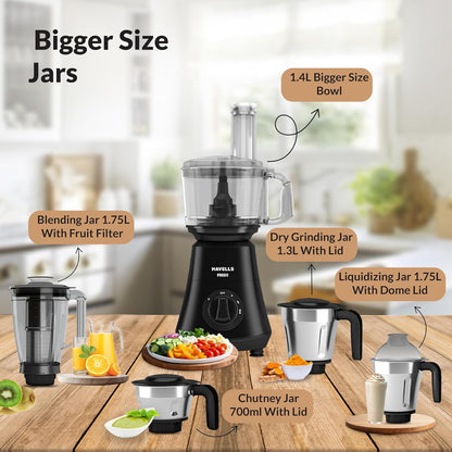 Havells Foodo 750 Watt Mixer Grinder with 5 Jars | Includes Food Processor Jar with Dual Pusher | 14-in-1 Functionality | Rust-Resistant 304 SS Blades | Storage Box | 5-Year Motor Warranty (Black)