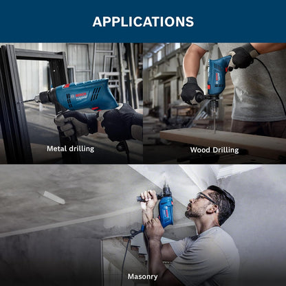 BOSCH GSB 600 Corded Electric Impact Drill Wrap Set| 600W Motor | Speed upto 3000 RPM | Rated Torque of 1.4 Nm | Impact rate of 48000 BPM | Forward/Reverse Rotation, Double Insulation | 1 Yr Warranty