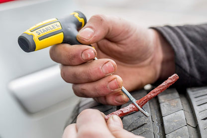 STANLEY STHT80891-0 Flat Tubeless Tyre Repair Kit for Cars and Bikes, Easily Fix Punctures WITHOUT Removing Tire from Rim, Comes with Reamer & Plugger Tool and 5 Plugs, Yellow and Black