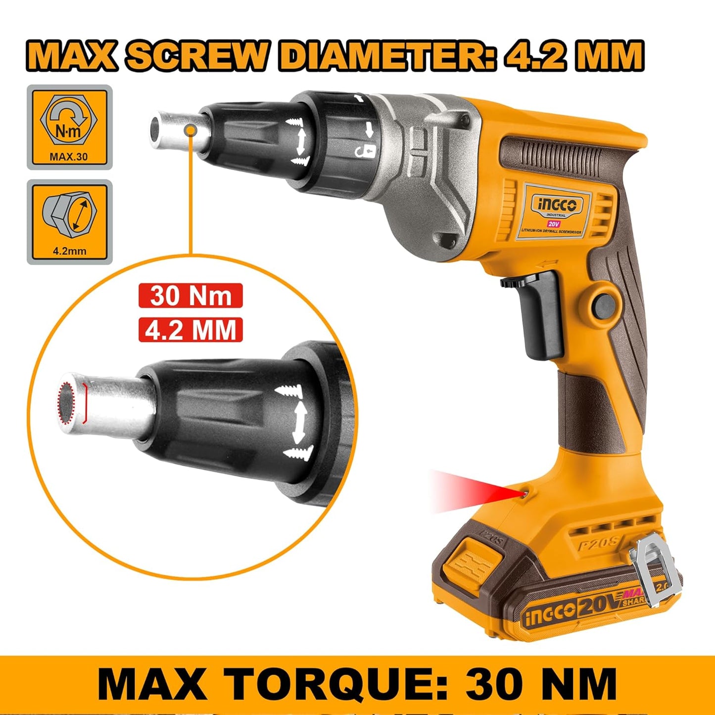INGCO 20V Cordless Drywall Screwdriver 30Nm, Adjustable Depth, 4200RPM with 1Pcs 2.0Ah Battery and 1Pcs Charger, Packed by Carrying Case
