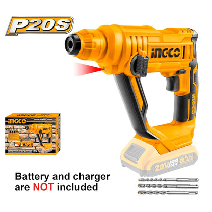 Ingco Cordless Rotary Hammer, 20V Lithium-Ion Hammer Drill for Home Use, 5100 BPM, 2 Mode Operation, 1.5J, Rotary Hammer With SDS-plus Drill Bits (Tool Only)
