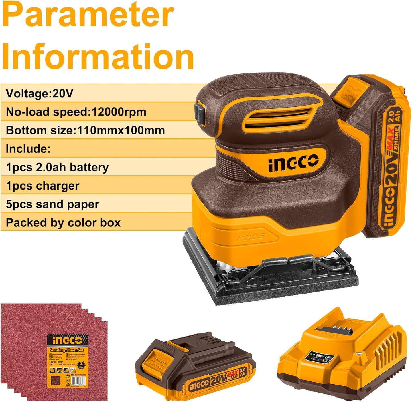 INGCO 20V Cordless 1/4 Sheet Sander 12000RPM Electic Orbital Sander with 1Pcs 2.0Ah Battery and 1Pcs Charger CSHSLI20141