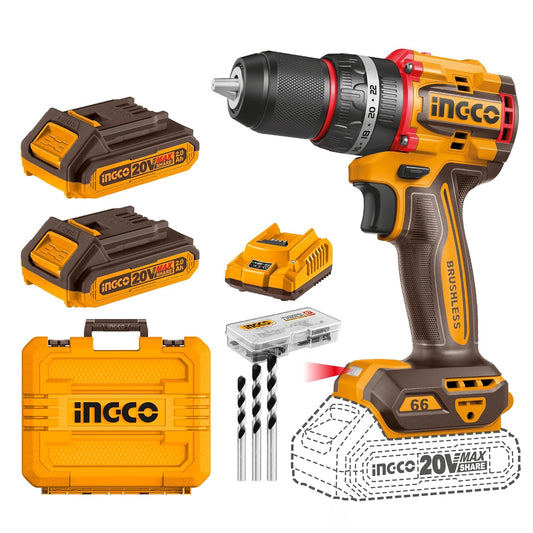 Ingco Cordless Impact Drill Machine, Brushless Motor, 66Nm, 22+1+1, 30000 Bpm, With 2 Pcs Battery & Charger, 47 Pcs Drill Bits, Multicolor