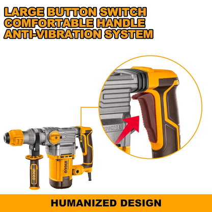 Ingco Hammer Drill Machine, 1500W Rotary Hammer Drill Machine Heavy Duty For Concrete Metal And Woodworking For Home & Industrial Use, Multicolor