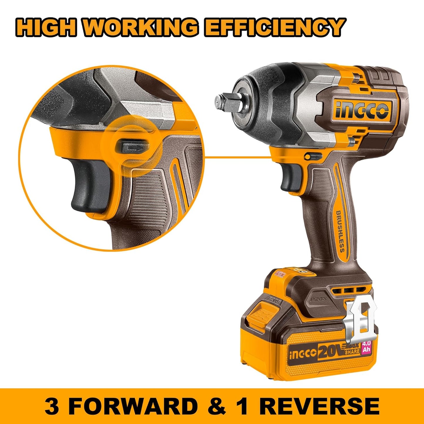 Ingco Cordless Impact Wrench 1/2 Inch, Brushless Motor, Nut-Busting Torque 1000Nm, 20V Battery Impact Gun with 2 PCS 4.0 Ah Battery Packs and Charger