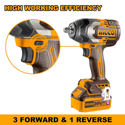 Ingco Cordless Impact Wrench 1/2 Inch, Brushless Motor, Nut-Busting Torque 1000Nm, 20V Battery Impact Gun with 2 PCS 4.0 Ah Battery Packs and Charger