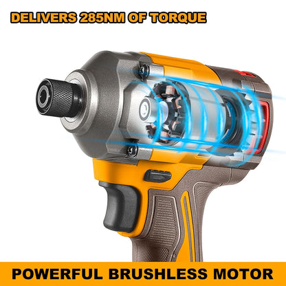Ingco 20V Brushless Cordless Impact Drill & Driver Combo Kit - 66Nm Drill & 285Nm Driver -with 2 Batteries, 47-Piece Accessories, Screwdriver Bits, Nut Setters & Carrying Case, Yellow