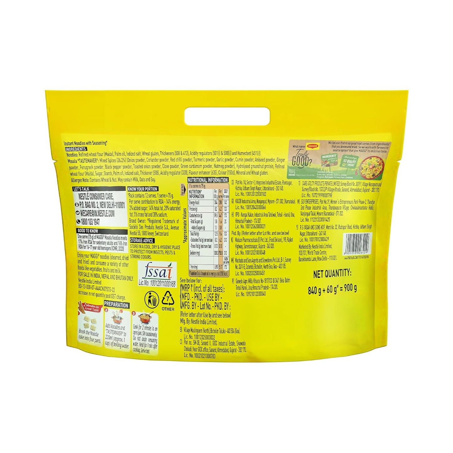 MAGGI 2-Minute Instant Noodles, Favourite Masala Taste, Masala Noodles With Goodness Of Iron, Made With Choicest Quality Spices, 840/900g Pouch (Pack of 12, 70/75g each) (weight may vary)