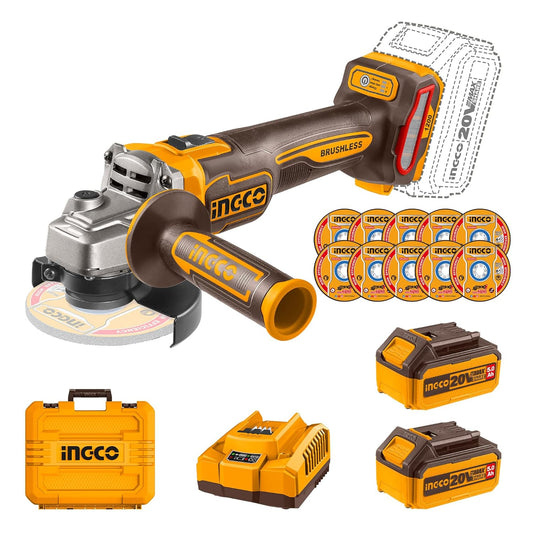 INGCO 20V Cordless Angle Grinder Machine, Cutter machine with 5.0Ah Battery and a Fast Charger, Variable Speed Angle Grinder,M10, Power Grinder