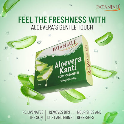 Patanjali Aloe Vera Kanti Body Cleanser Soap for Men and Women(150g, Pack of 8), Nourishing & Moisturizing, Natural Aloe Vera Soap for Soft Skin