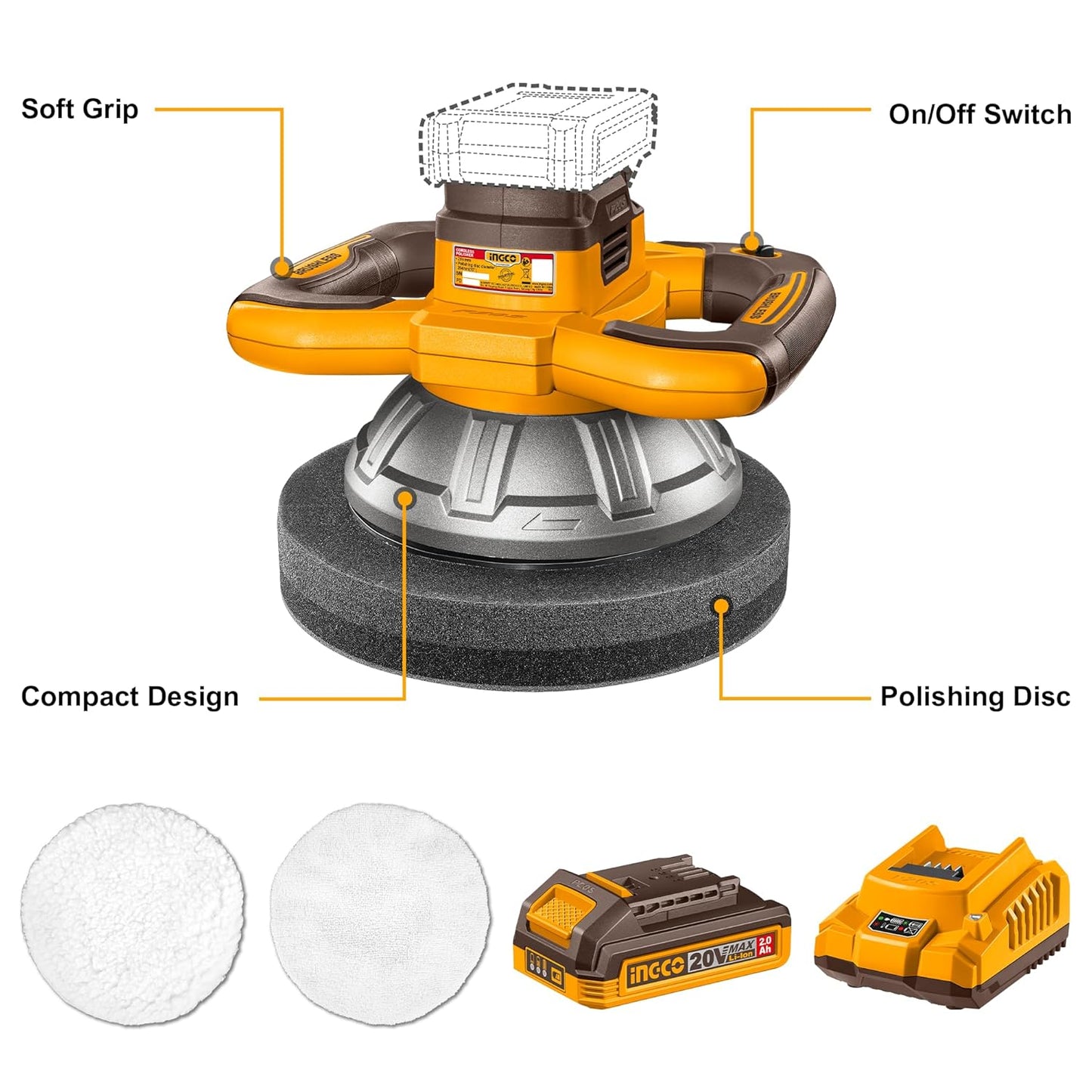 INGCO 20V Cordless Car Polisher And Buffer, Brushless Motor, 2500RPM, 254mm Disc Polisher with 1Pcs 2.0Ah Battery and 1Pcs Charger COPLI2025481