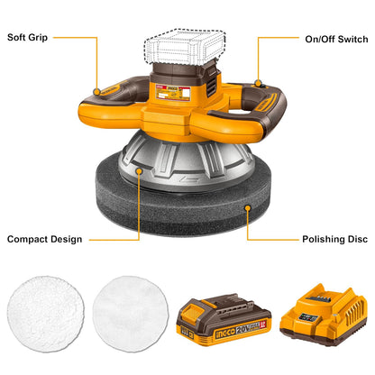 INGCO 20V Cordless Car Polisher And Buffer, Brushless Motor, 2500RPM, 254mm Disc Polisher with 1Pcs 2.0Ah Battery and 1Pcs Charger COPLI2025481