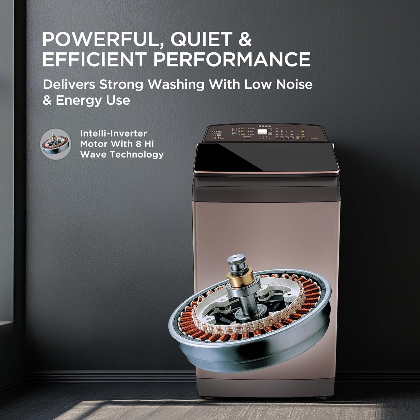 Havells-Lloyd 8.5 Kg 5 Star Fully Automatic Intelli Inverter Motor Top Load Novante IOT With With In Built Heater Washing Machine (GLWT855N12CB Copper Blush)