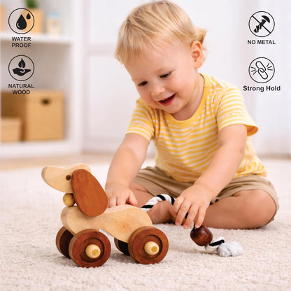 UdrCrafts® Wooden Dog Pull-Along Toy for Toddlers | Natural Solid Wood | Cotton Pull String | No Metal | Eco-Friendly & Plastic-Free | Smooth Rolling Wheels | Nursery Decor Toy (1.5–4 Years)