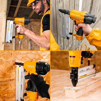 INGCO 2 In 1 Combo Brad Nailer, Nail Gun, Ga18 | 100pcs Capticaty | 4 Type Connector | 0.4-0.7Mpa with 1000pcs Brad Nails & 200pcs Staples, for Wood, Upholstery, Carpet, Wire Fencing