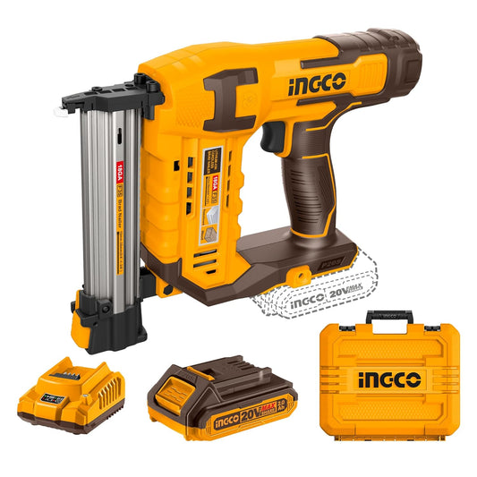 INGCO 20V Cordless Brad Nailer, 3 Nails/s, Electric Nailer Gun, 1000 PCS Brad Nails, With 1Pcs 2.0Ah Battery And Charger, Packed by Carrying Case