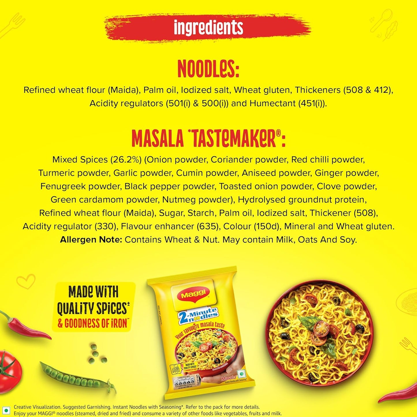 MAGGI 2-Minute Instant Noodles, Favourite Masala Taste, Masala Noodles With Goodness Of Iron, Made With Choicest Quality Spices, 70g/72g/75g Pouch (weight may vary)