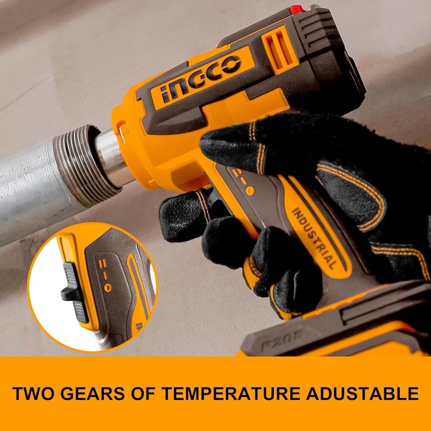 INGCO 20V Cordless Hot Air Gun Max 1022°F (550°C), 100/200 L/min, Adjustable Temperature with LCD Display, with 1Pcs 5.0Ah Battery and Charger HGLI20035