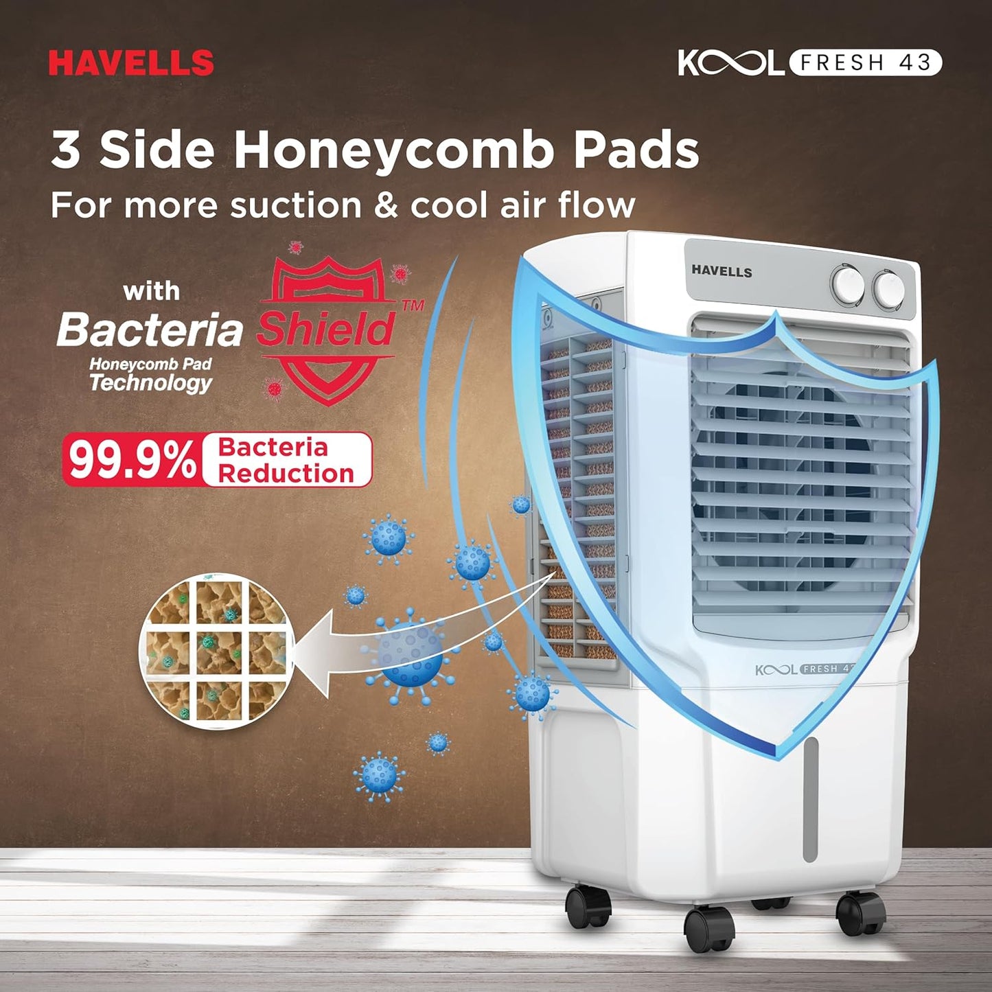 Havells KoolFresh 43 L Personal Air Cooler for Room|Powerful Air-Delivery|Dual Flow Technology|Fan & 3 Side Bacteria Shield Honeycomb Pads|Ice Chamber|Fully Collapsible Louvers|Front Wheel with Brakes