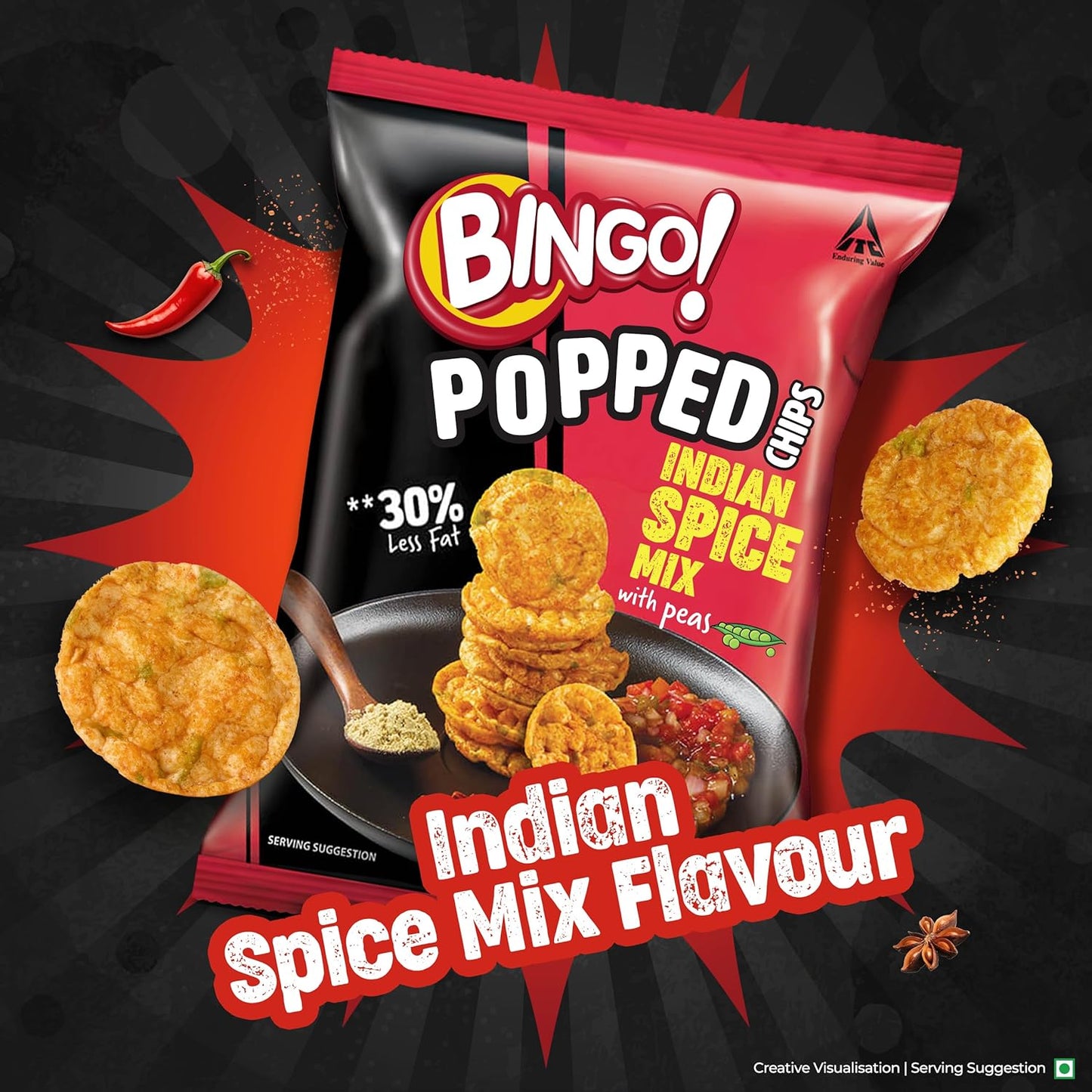 Bingo! Popped Chips - Airy, Crunchy, Zero-Gravity Snacks with 30% Less Fat (Indian Spice Mix Flavour)- Not Fried, Not Baked, Just Popped! - 26.7g/25g(weight May Vary)