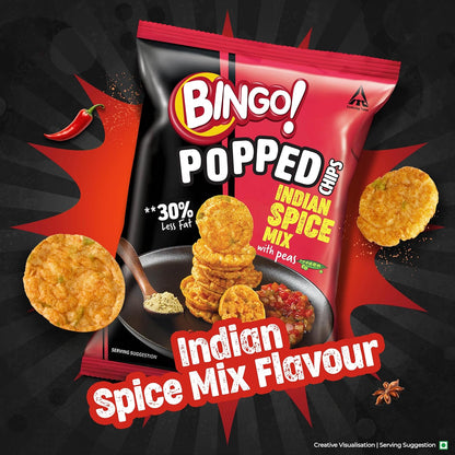 Bingo! Popped Chips - Airy, Crunchy, Zero-Gravity Snacks with 30% Less Fat (Indian Spice Mix Flavour)- Not Fried, Not Baked, Just Popped! - 26.7g/25g(weight May Vary)