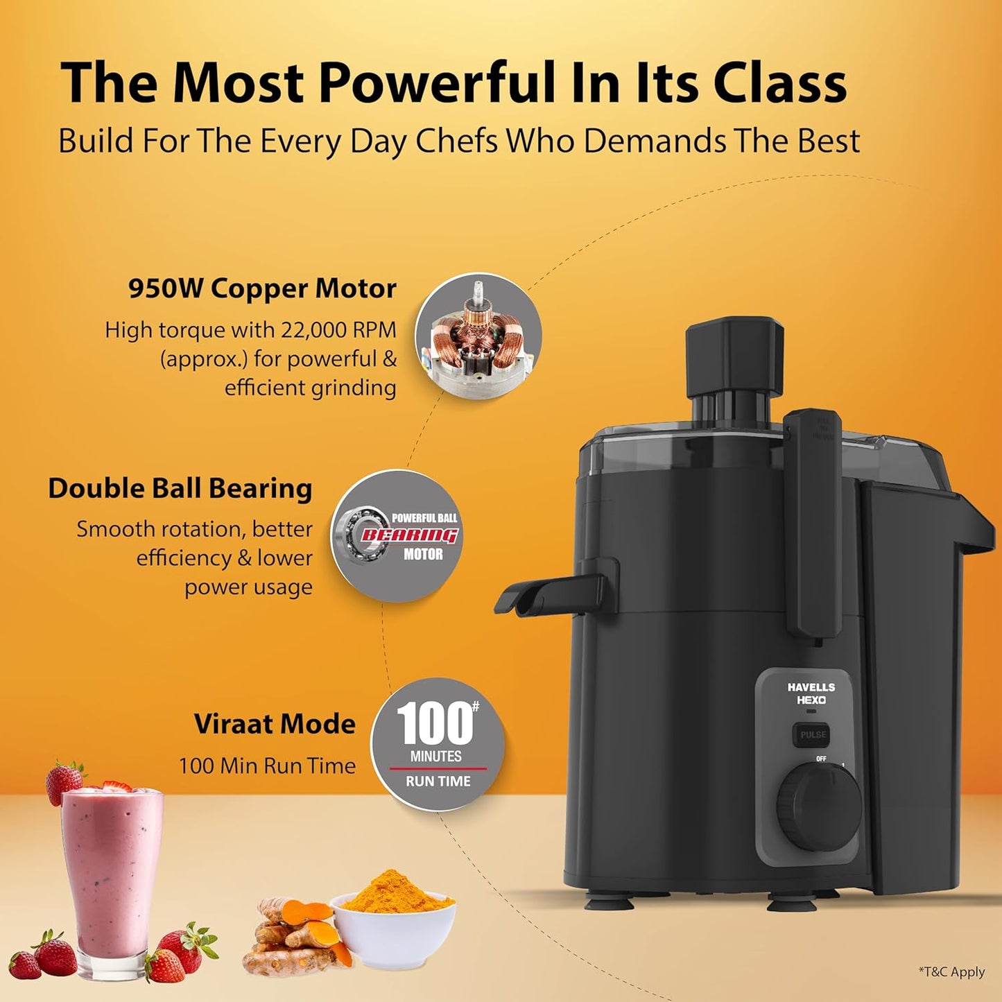 Havells Hexo 950 Watt Juicer Mixer Grinder | Copper Motor with Double Ball Bearing | 2 Jars (Polycarbonate & SS) | 22000 RPM | 100 Min Continuous Run | Metal Teeth Coupler | (Black & Silver)