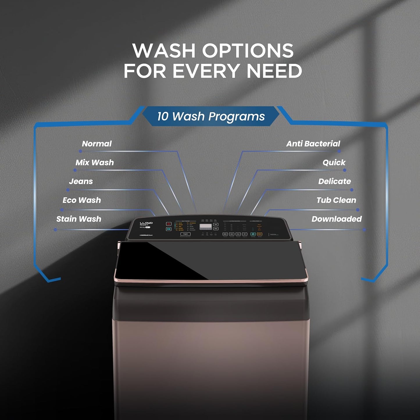 Havells-Lloyd 8.5 Kg 5 Star Fully Automatic Intelli Inverter Motor Top Load Novante IOT With With In Built Heater Washing Machine (GLWT855N12CB Copper Blush)
