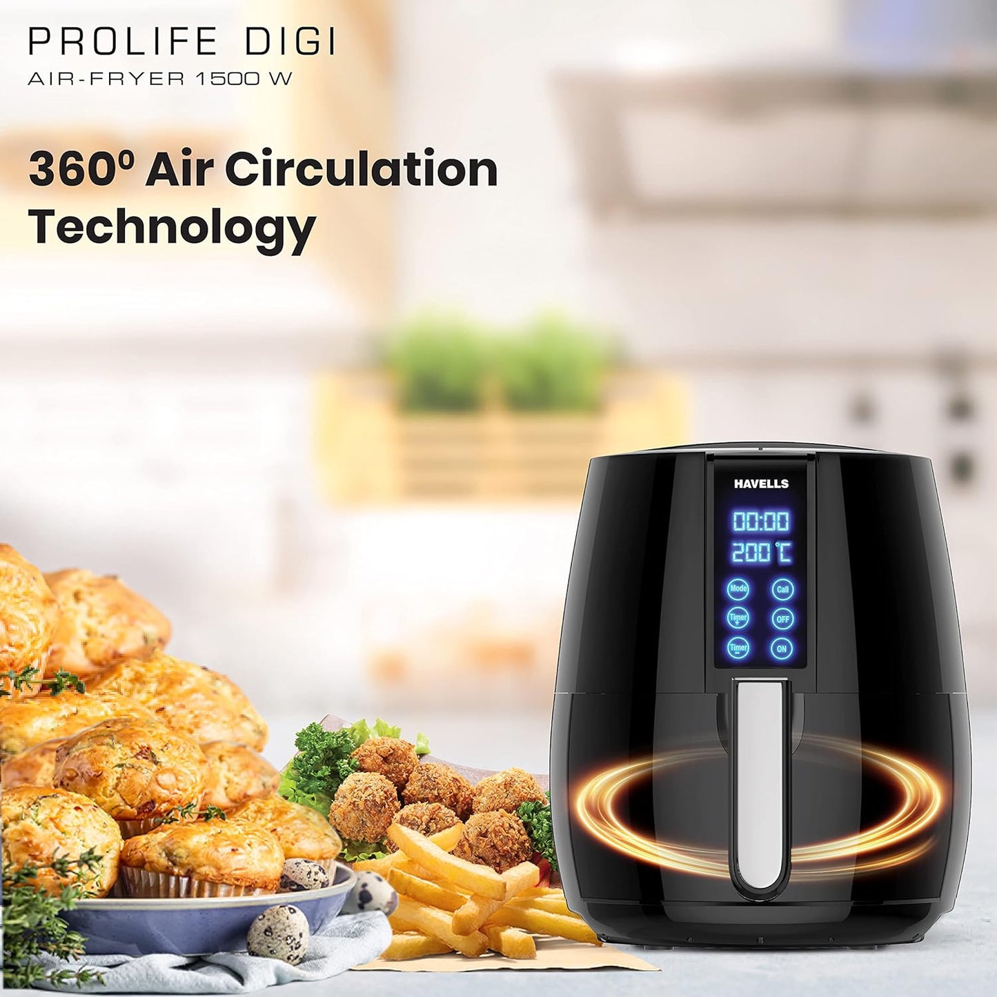 Havells Air Fryer Prolife Digi with 4L Capacity | Digital Touch Panel | Auto On/Off | 60 Min Timer | Basket Release Button | Air Filtration System | 2 Yr Warranty, Black|1230W