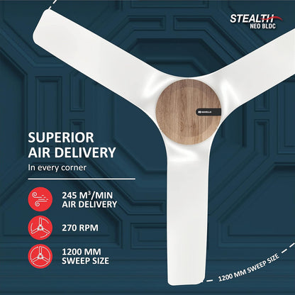 Havells 1200Mm Stealth Air Neo Bldc Motor Ceiling Fan Most Silent & Premium,5 stars With Rf Remote 100% Copper,Upto 55% Energy Saving,Flexible Timer Settings (Pack Of 1,Wood Pearl White)