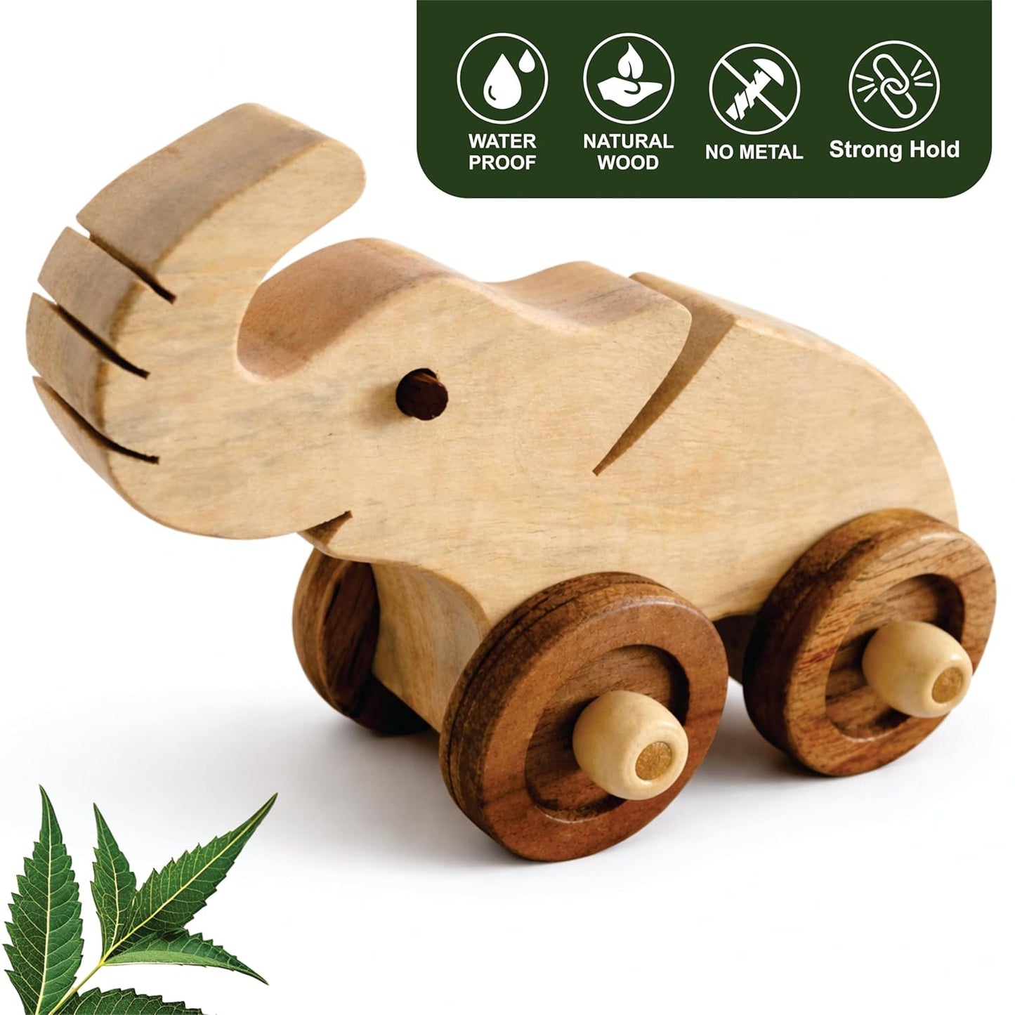 Udaipur HandiCrafts Wooden Elephant Pull-Along Toy for Toddlers (3–5 Years) | Natural Solid Wood | No Metal | Eco-Friendly & Plastic-Free | Smooth Rolling Wheels | Kids Room & Nursery Decor