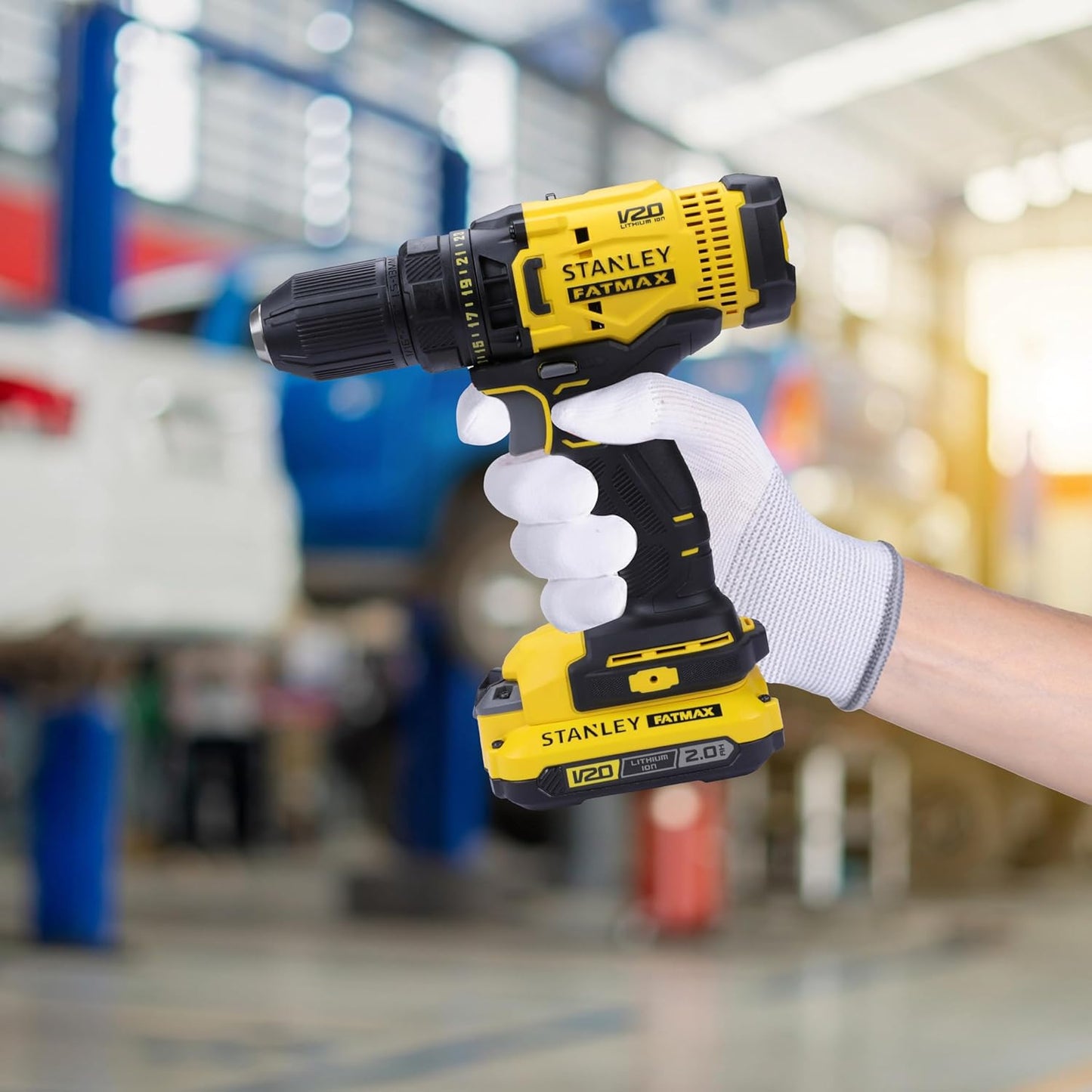 STANLEY FATMAX SCD700D2K 20V 13 mm Reversible Cordless Brushed Drill Machine Driver With 2x2.0Ah Li-ion Batteries, 1pc Charger, 2 Speed Gearbox & LED Worklight, 2 Year Warranty, YELLOW & BLACK