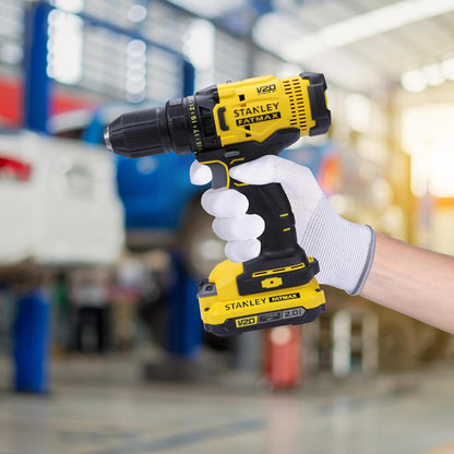 STANLEY FATMAX SCD700D2K 20V 13 mm Reversible Cordless Brushed Drill Machine Driver With 2x2.0Ah Li-ion Batteries, 1pc Charger, 2 Speed Gearbox & LED Worklight, 2 Year Warranty, YELLOW & BLACK