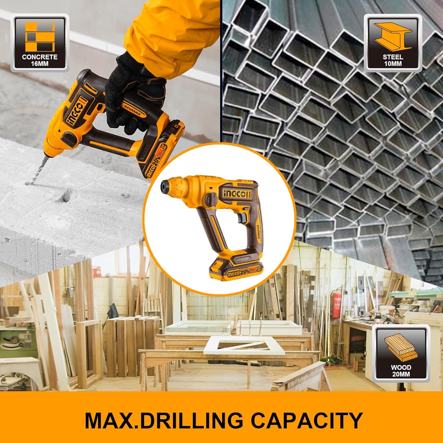 Ingco Cordless Hammer Drill Machine, Battery Hammer Drill Machine With Battery And Drill Bits, Impact Function For Home Use,Multicolour