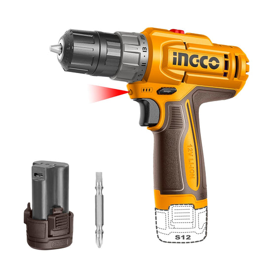 INGCO 12V Cordless Drill Machine, 2 Speed Adjustment 400/1500RPM, Battery Drill Machine Ideal For DIY with 1Pcs Battery, Type C Charging