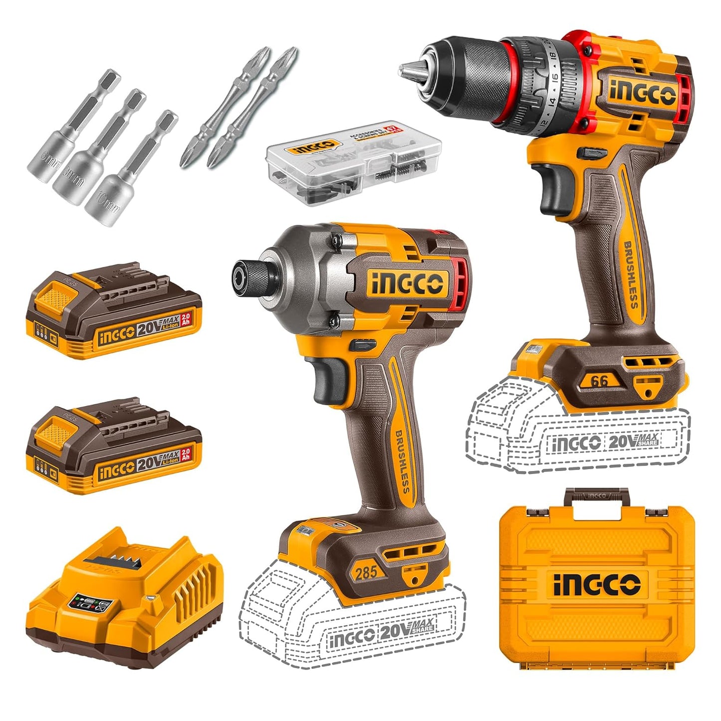 Ingco 20V Brushless Cordless Impact Drill & Driver Combo Kit - 66Nm Drill & 285Nm Driver -with 2 Batteries, 47-Piece Accessories, Screwdriver Bits, Nut Setters & Carrying Case, Yellow