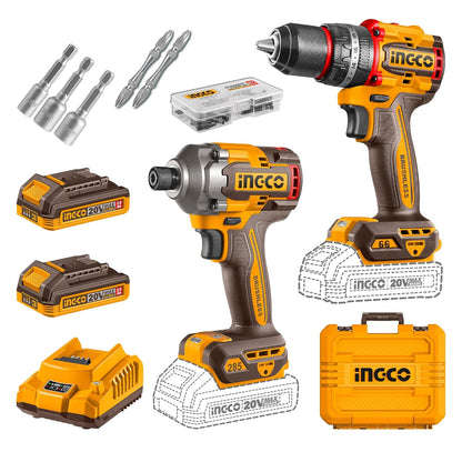 Ingco 20V Brushless Cordless Impact Drill & Driver Combo Kit - 66Nm Drill & 285Nm Driver -with 2 Batteries, 47-Piece Accessories, Screwdriver Bits, Nut Setters & Carrying Case, Yellow