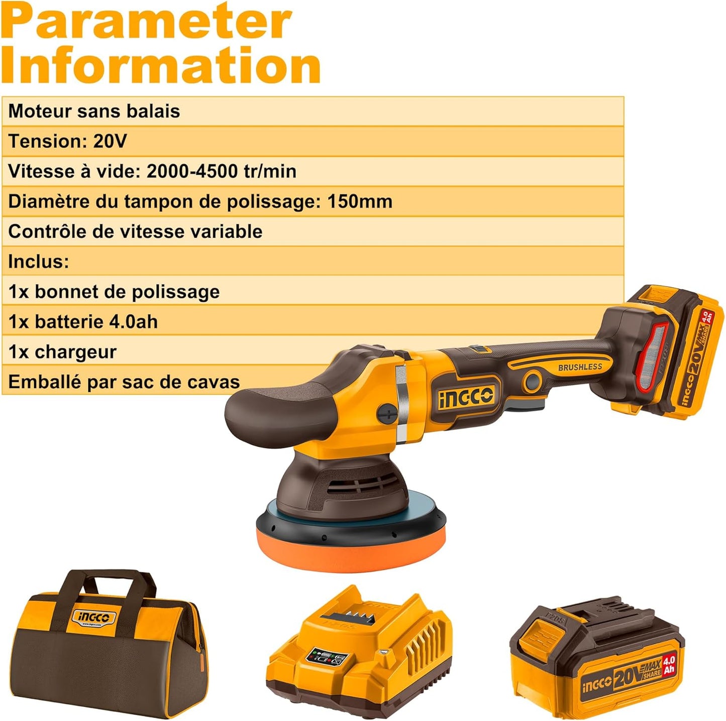 INGCO APLI20151 20V Cordless Polisher with 1 x 4.0 Ah Battery and Charger