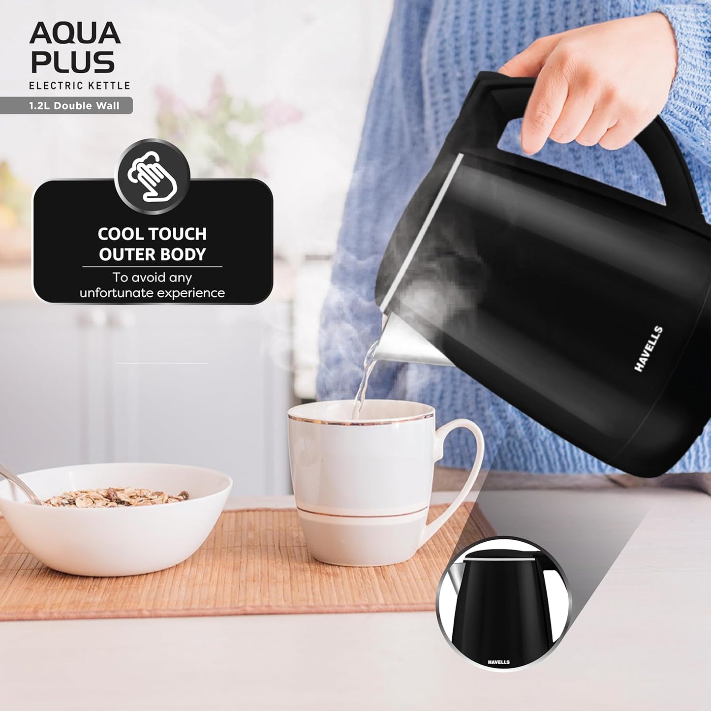 Havells Aqua Plus Electric Kettle 1.2 Litre, 1250 Watt | 304 Stainless Steel Inner Body | Cool Touch Body | Auto Shut-Off |Wider Mouth|2 Years Door Step Warranty by Havells (Black)