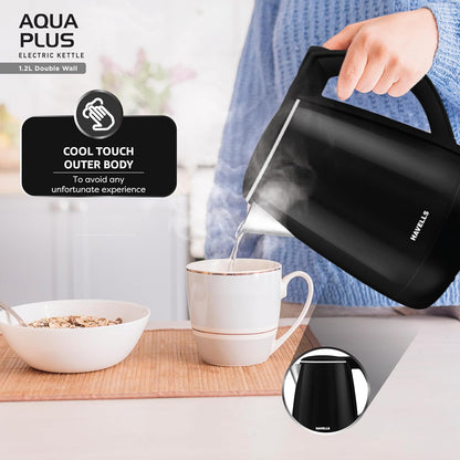 Havells Aqua Plus Electric Kettle 1.2 Litre, 1250 Watt | 304 Stainless Steel Inner Body | Cool Touch Body | Auto Shut-Off |Wider Mouth|2 Years Door Step Warranty by Havells (Black)