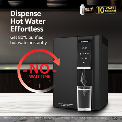 Havells Gracia FAB Alkaline Water Purifier (Black), RO+UV+Alkaline, Hot, Warm & Ambient Water, Copper+Zinc+Minerals, 9 Stage Purification, 6.5L SS Tank, Suitable for Borewell, Tanker & Municipal Water