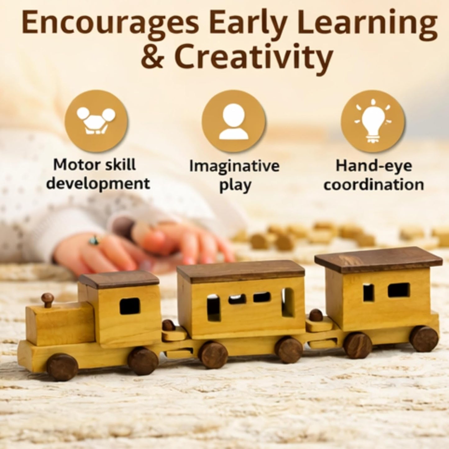 UdrCrafts® Wooden Toy Train for Kids, Pull Along Train with Wooden Blocks, Educational Montessori Toy, Non-Toxic, for Boys Girls Age 1 2 3 Years