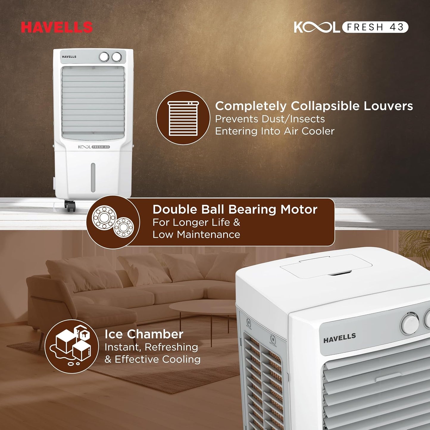 Havells KoolFresh 43 L Personal Air Cooler for Room|Powerful Air-Delivery|Dual Flow Technology|Fan & 3 Side Bacteria Shield Honeycomb Pads|Ice Chamber|Fully Collapsible Louvers|Front Wheel with Brakes